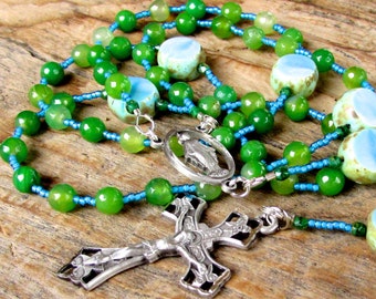 Rosary from Dyed Green Agate Stone & Ceramic: Choose your own Crucifix and Centerpiece