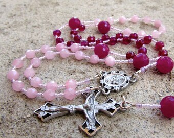 Rosary from Rose Pink Jade and Magenta Agate: beads, catholic, gift, necklace