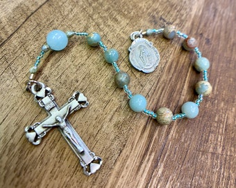 Pocket Rosary from Aqua Terra Jasper and Sky Blue Jade: rosary, rosaries, custom rosary, blue rosary