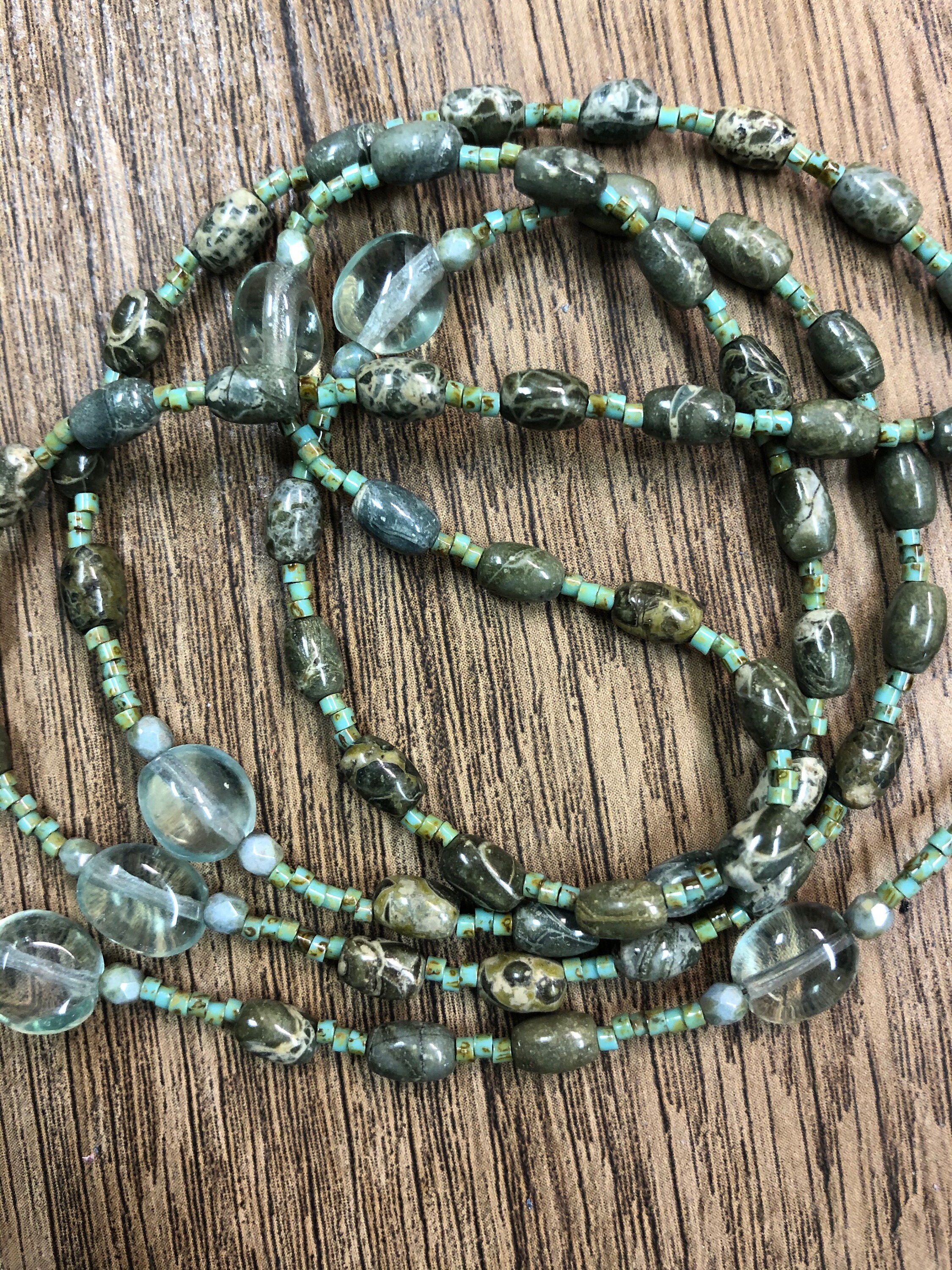 Rosary beads, green stone and glass, handmade, unique