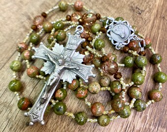 Handmade Rosary: Unakite Stone, Czech Glass, and Pewter