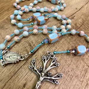 Handmade Rosary: Impression Jasper, ceramic & glass. Floral Pewter Crucifix.