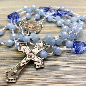 Handcrafted Glass Rosary, pale blue faceted Czech Glass
