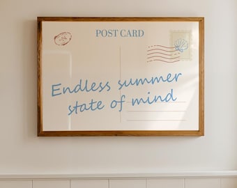 Endless Summer Print, Aesthetic Retro Postcard Poster, Blue Coastal Wall Art, Minimalist Seashell Print for Beach Dorm, Digital Download