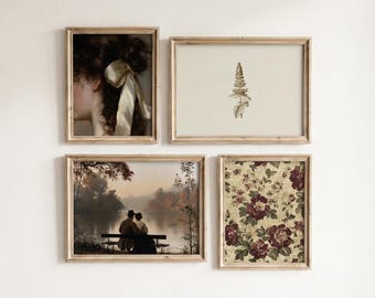 Set of 4 Romantic Vintage Prints, Portrait Botanical Floral Pattern, Elegant Cozy Wall Decor (Digital Printable Download)