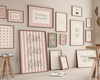 Set of 15 Trendy Preppy Girly Wall Art - Pink and Green Prints - Digital Download