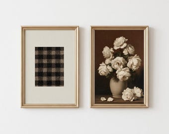 Set of 2 Roses Tartan Pattern Prints, Antique Classic Still Life Painting, Elegant Cozy Wall Decor (Digital Printable Download)