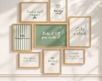 Set of 8 kitchen wall art prints - Sage Green decor - Digital Download