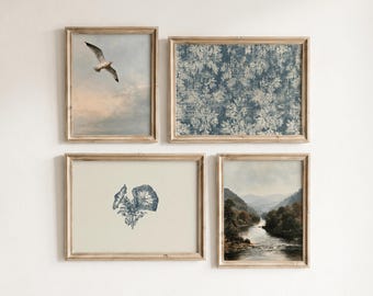 Set of 4 Slate Blue Nature Prints, Seagull River Floral Pattern, Elegant Cozy Wall Decor (Digital Printable Download)