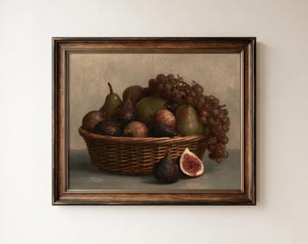 Fruit Still Life Print, Antique Fig Grape Basket Painting, Rustic Cozy Wall Decor (Digital Download, Horizontal)
