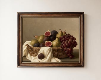 Still Life Print, Antique Fruit Basket Painting, Classic Cozy Wall Decor (Digital Download, Horizontal)