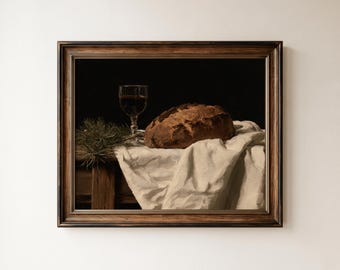 Bread and Wine Still Life Print, Antique Rustic Kitchen Painting, Warm Cozy Wall Decor (Digital Download, Horizontal)