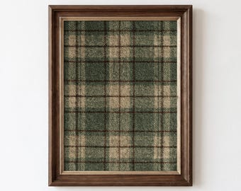 Khaki Green Tartan Pattern Print, Antique Fabric Texture, Cozy Cabin Wall Decor (Digital Download, Vertical)