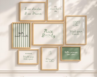 Set of 8 bathroom wall art prints - Sage Green Posters - Digital Download