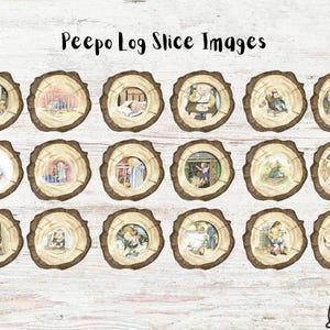 May include: A set of 16 round wooden log slice images featuring illustrations of a family of mice. The images are ideal for storytelling and imaginative play. The images are labelled "Peepo Log Slice Images".