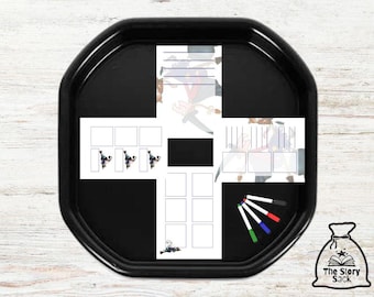 May include: A black plastic tray with a white gridded insert. The insert has a variety of images and text, including a section for writing. The tray also includes six colorful markers.