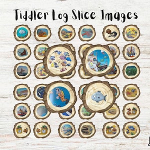 May include: A set of 36 colourful wooden log slice images featuring various sea creatures, including fish, a diver, and a crab. The images are arranged in a grid pattern on a white background. The text "Tiddler Log Slice Images" is at the top of the image.
