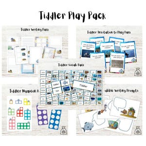 May include: A set of printable educational activity sheets for toddlers featuring a sea life theme. The sheets include a writing pack, invitation to play pack, vocabulary pack, numicon, and bubble writing prompts.