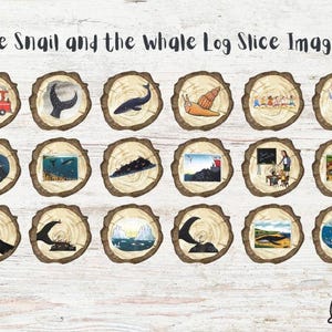 Może przedstawiać: Zestaw 16 drewnianych obrazków z plastrów drewna z ilustracjami z książki dla dzieci "Ślimak i wieloryb". Obrazki są nadrukowane na okrągłych plastrach drewna z naturalnym usłojeniem.