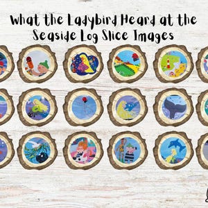 May include: A collection of wooden log slices, each displaying a vibrant illustration from "What the Ladybird Heard at the Seaside." Scenes include a lighthouse, a whale, and a ladybug. The title "What the Ladybird Heard at the Seaside Log Slice Images" is visible.