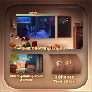 May include: Digital art layout for streaming, showing a room scene with a person at a desk, a screen displaying a room, and a window view. Text includes: "Just Chatting Layout", "Starting/Ending/Break Screen", and "3 Stinger Transition".