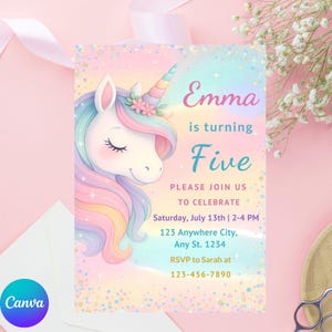 Unicorn Birthday Invitation, Editable Magical Party Invite for Girl, Pink Pastel Unicorn Party Template, Digital Rainbow Download