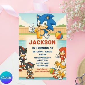 Editable Sonic Pool Party Birthday Invitation, Sonic Canva Template, Sonic Birthday Invite for boys, Summer Party Digital Template