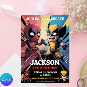 Editable Deadpool and Wolverine Birthday Invitation,Kid birthday Invitation cards, Superhero Birthday Card, Deadpool Birthday