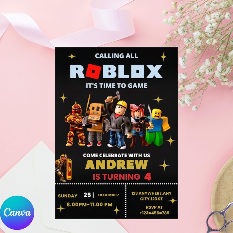 May include: Black invitation card with the Roblox logo and characters. The text reads "Calling All Roblox, It's Time to Game". The invitation is for Andrew's 4th birthday, with date, time, and RSVP information.