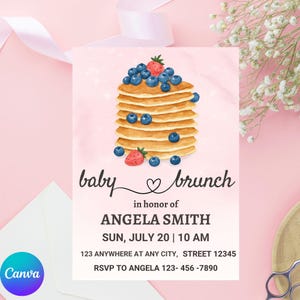Editable Blueberry Baby Brunch Baby Shower Invitation, Blueberry Pancake Baby Shower Invite, Blueberry Baby Shower Brunch, Canva download