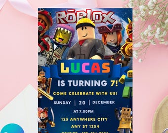 May include: A Roblox-themed birthday invitation featuring the Roblox logo and characters. The invitation is personalized with the name "LUCAS" and includes party details: date, time, and location. The Canva logo is visible in the bottom left corner.