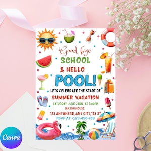 Invitación para fiesta de fin de curso, fiesta de fin de curso, fiesta de verano en la piscina, ¡Hola verano!, invitación editable para fiesta en la piscina, plantilla de Canva.