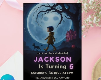 Bewerkbare Coraline-verjaardagsuitnodiging: 5 x 7 afdrukbare kaart (canvasjabloon, digitale download)