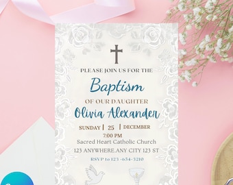 Floral Baptism Invitation Template: Pink Christening Invite (Digital Download)