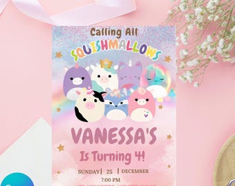 May include: A pink and blue birthday invitation with a watercolor background. The invitation features a group of colorful cartoon squishmallows with the text "Calling All Squishmallows" and "Vanessa's is Turning 4!" The invitation also includes the date, time, and location of the party.