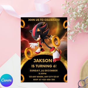 Modelo de convite de aniversário do Sonic editável, convites para festa de aniversário do Super Ouriço para imprimir, convites do Sonic, festa de aniversário do Super Sonic Boy