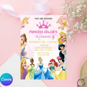 Editable Princess Birthday Invitation, Princess Invitation Princesses Invitations Gold Pink Instant EDITABLE Digital, Princess Party Invite