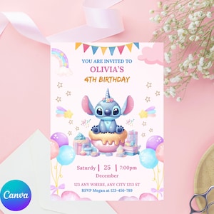 Verjaardagsuitnodiging met bewerkbare steek, bewerkbare en afdrukbare sjabloon, leuke uitnodiging voor steekfeest, canvassjabloon, direct downloaden, meisjes uitnodigen