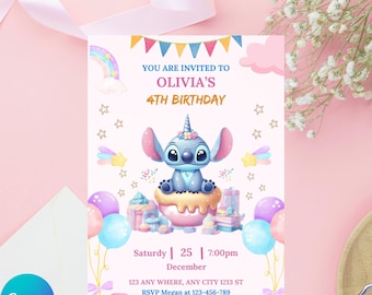 Invitación de cumpleaños editable de Stitch: Fiesta de chicas, plantilla de Canva (descarga digital)