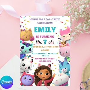 Puede incluir: Una colorida invitación de cumpleaños con personajes de gatos de dibujos animados y el texto "EMILY CUMPLE 7". La invitación incluye la fecha, la hora y la información de confirmación de asistencia, con un fondo rosa y confeti.