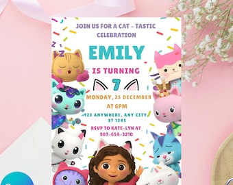 Invitación de cumpleaños de la casa de muñecas de Gabby. Plantilla editable para el cumpleaños de los niños de Gabby. Plantilla editable, imprimible y descarga digital de Canva.