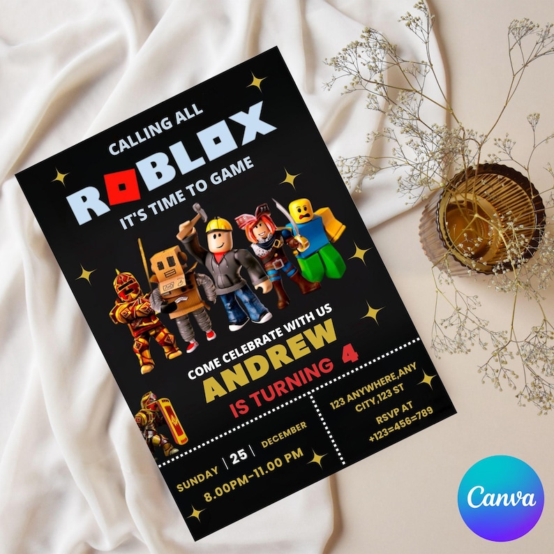 May include: Black invitation with the Roblox logo and characters. Text reads "Calling All Roblox, It's Time to Game." The invitation is for Andrew's 4th birthday, with date, time, and RSVP information.