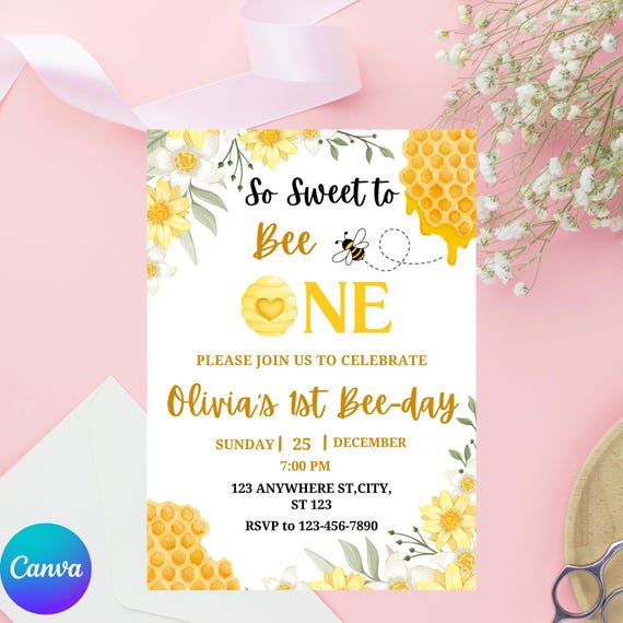 Bee First Birthday Invitation: Sweet One, Canva Template (Digital Download)