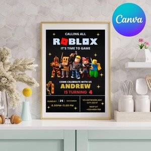 May include: A framed black poster with a gold border, featuring a Roblox-themed birthday invitation. The text reads "Calling All Roblox, It's Time to Game" and "Andrew is Turning 4." The poster includes character illustrations and event details.