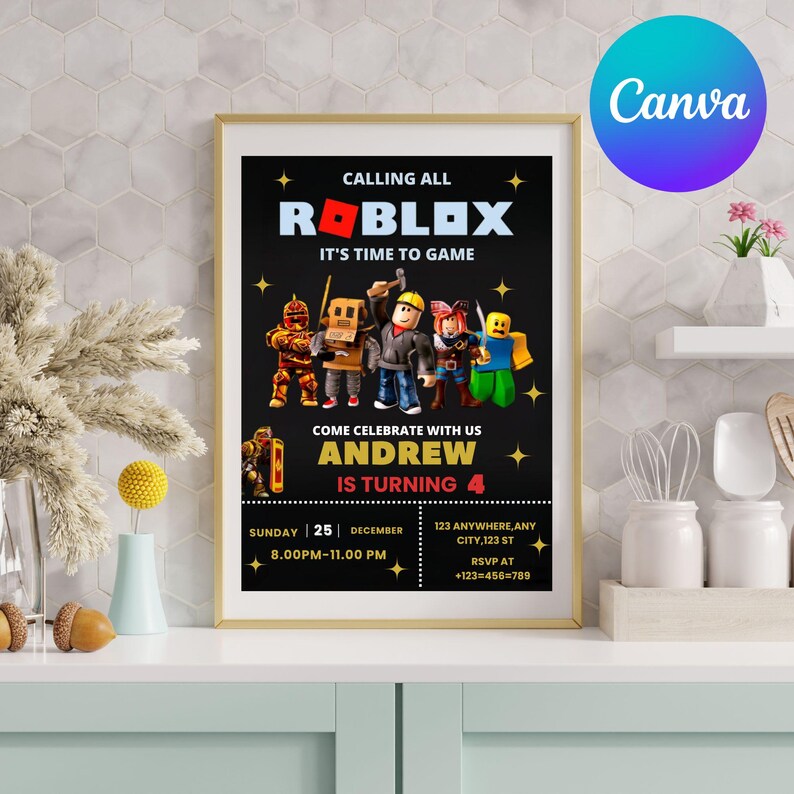 May include: A framed black poster with a gold border, featuring a Roblox-themed birthday invitation. The text reads "Calling All Roblox, It's Time to Game" and "Andrew is Turning 4." The poster includes character illustrations and event details.