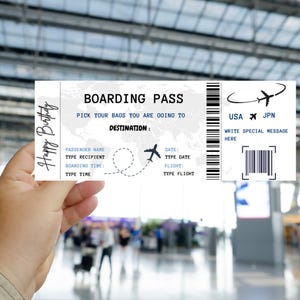 Billet de voyage d'anniversaire surprise, carte d'embarquement imprimable joyeux anniversaire, cadeau billet d'avion, modèle de billet de voyage d'anniversaire imprimable,