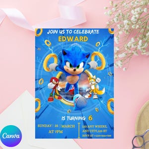 Invito di compleanno modificabile di Sonic, modello di invito per la festa del riccio stampabile, per inviti per ragazzi e ragazze, invito download immediato
