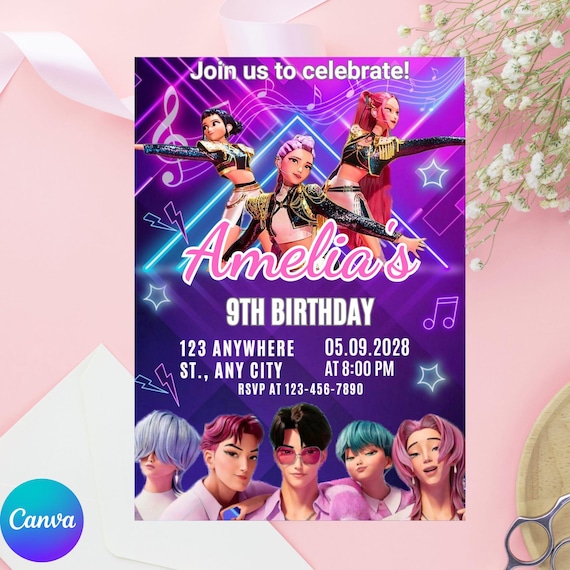 Editable Kpop Demon Hunters Birthday Invitation, Demon Hunters Party Invite, Kpop Birthday Invite, Canva Digital download, printable invite