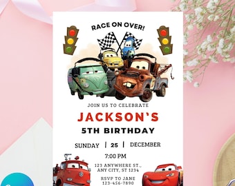Faire-part d'anniversaire Lightning McQueen : thème de course de voitures (modèle numérique 5 x 7)