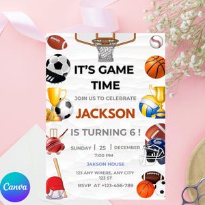 Editable Sports Birthday Invitation Baseball Basketball Football Printable Sports Theme Invitation Template Ball Sports Birthday Party